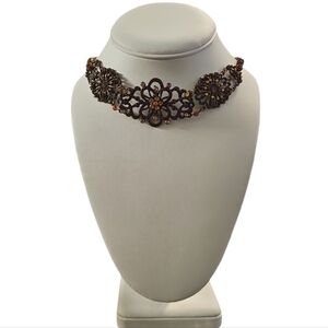 Vintage VCLM Antique Color Metal and Amber Rhinestones Choker Necklace